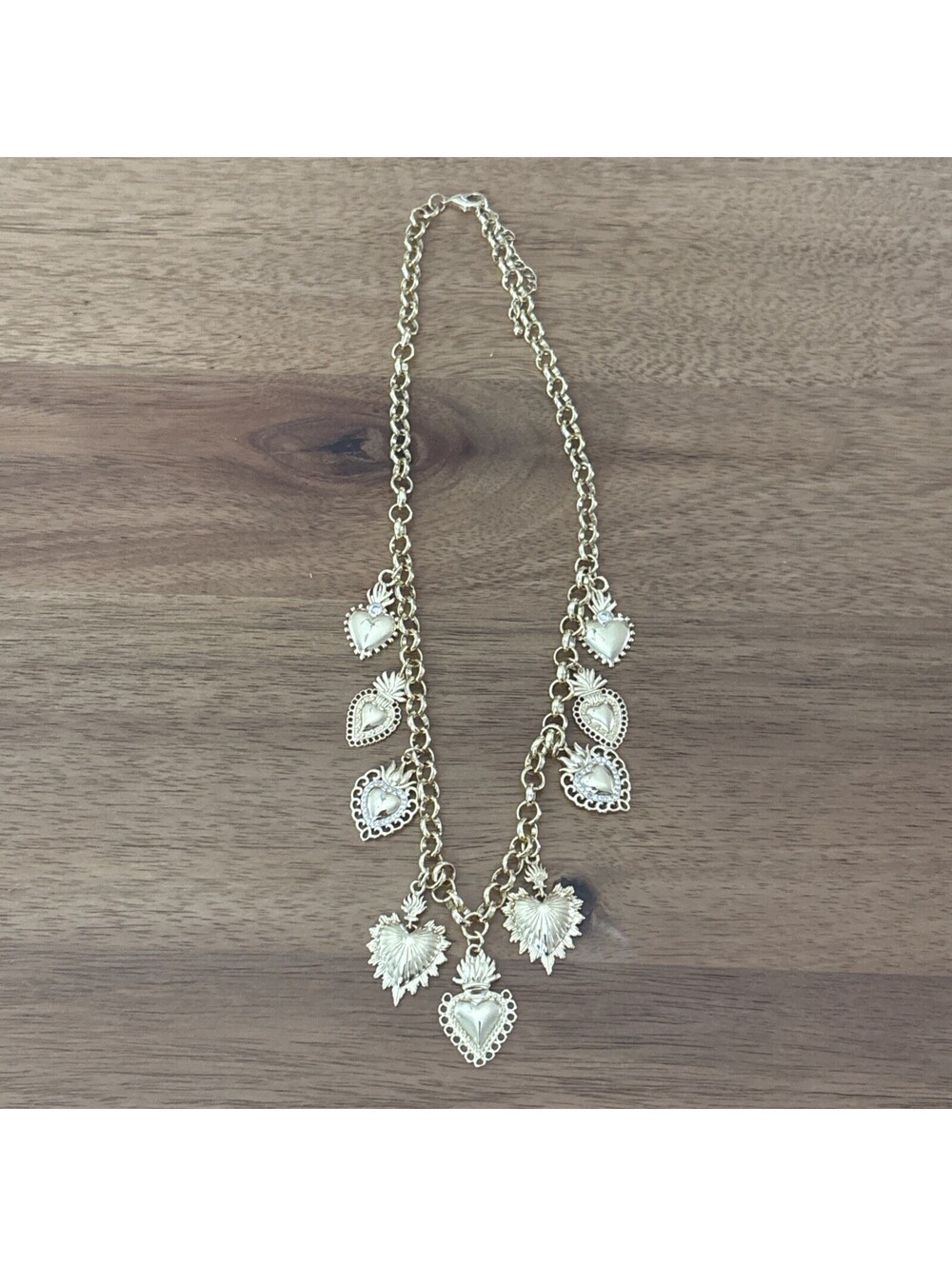 Gold Tone Charm Necklace Heart Cherry Angel Pendant Chunky Chain Statement